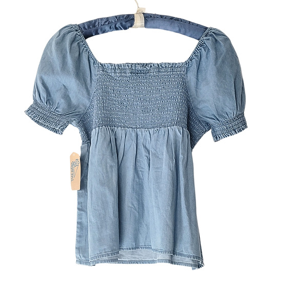 Girls Blue Short Sleeve Smocked Babydoll Top Sz XL 16 - Picture 2 of 5